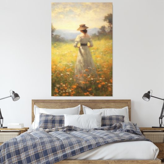 Vrouw in een levendige Wildflower Meadow Olieverfs Canvas Afdruk (Insitu (Slaapkamer))