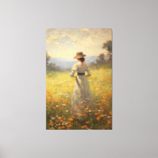 Vrouw in een levendige Wildflower Meadow Olieverfs Canvas Afdruk (Voorkant)