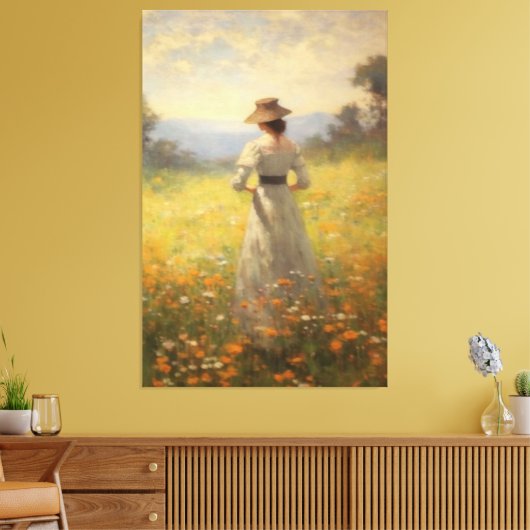 Vrouw in een levendige Wildflower Meadow Olieverfs Canvas Afdruk (Insitu (Woonkamer))