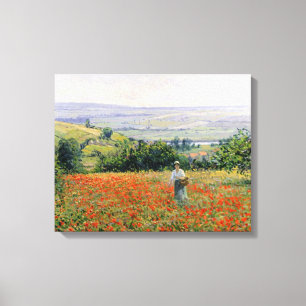 Vrouw in een papaverveld canvas afdruk