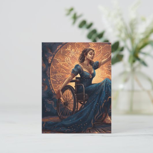 Vrouw in een rolstoel dansen vreugdevol briefkaart (Staand voorkant)