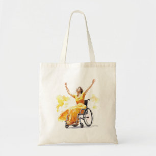 Vrouw in een rolstoel danst vrolijk tote bag