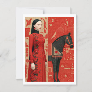 Vrouw in een rood bloemige jurk & zwart paard briefkaart