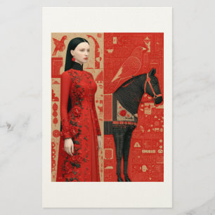 Vrouw in een rood bloemige jurk & zwart paard briefpapier