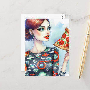 Vrouw in een UFO-shirt met een grote snee pizza Briefkaart