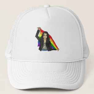 Vrouw in een vredes-T-shirt met een regenboogvlag Trucker Pet