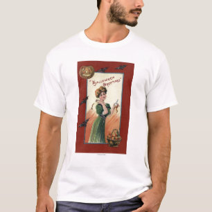 Vrouw in Groene Dress Peeling Apple T-shirt