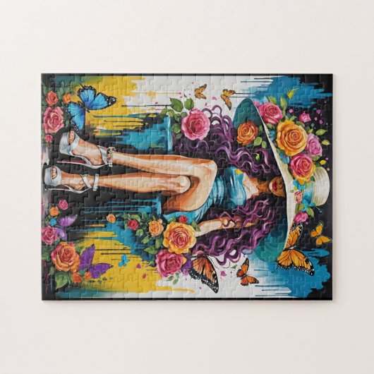 Vrouw in groot Pet en hoge hakken Bloemen Legpuzzel (Horizontaal)
