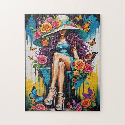 Vrouw in groot Pet en hoge hakken Bloemen Legpuzzel (Verticaal)
