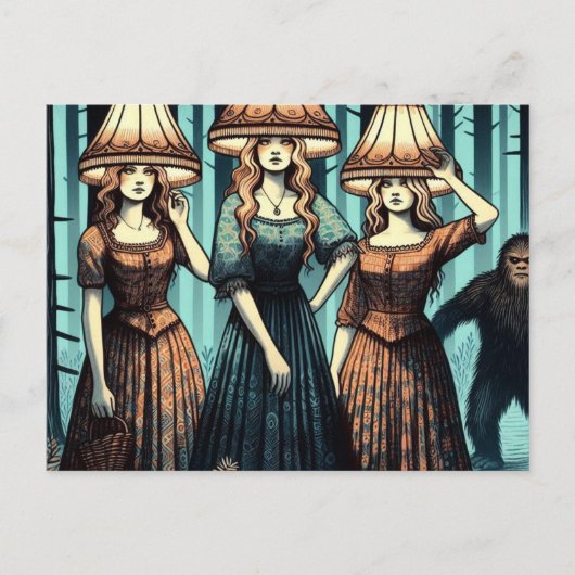 Vrouw in het bos met lampenkap Pet en Bigfoot Briefkaart (Voorkant)