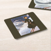 Vrouw in het Poster Groene Skiing Vierkante Kartonnen Onderzetter (Schuin)