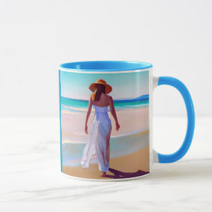 Vrouw in het wit op het strand mok