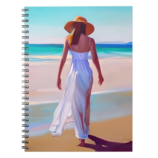 Vrouw in het wit op het strand notitieboek (Voorkant)