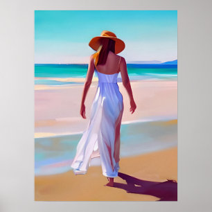 Vrouw in het wit op het strand poster