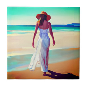 Vrouw in het wit op het strand tegeltje