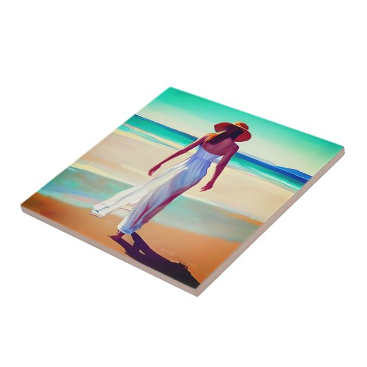 Vrouw in het wit op het strand tegeltje (Zijkant)