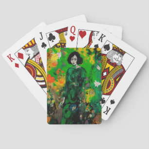 Vrouw in kleurrijk veld pokerkaarten