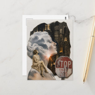 Vrouw in Nachtelijke Stad Collage Stop Geniet van Briefkaart