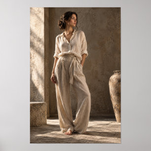 Vrouw in neutrale linnen kleding zonovergoten inte poster