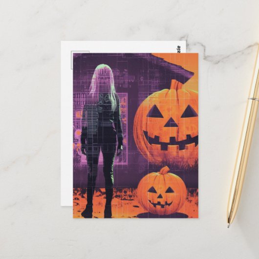 Vrouw in Oranje Paarse Halloween Briefkaart (Voorkant / Achterkant in situ)