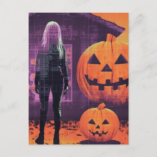 Vrouw in Oranje Paarse Halloween Briefkaart (Voorkant)
