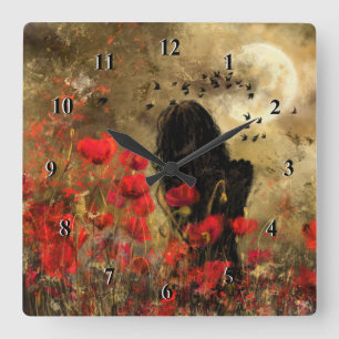 Vrouw in papaver-velt-kunstschilderende wandklok vierkante klok