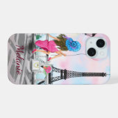 Vrouw in Parijs Eiffeltoren Aangepaste naam iPhone 15 Hoesje (Achterkant horizontaal)