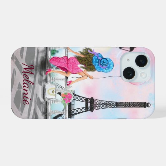 Vrouw in Parijs Eiffeltoren Aangepaste naam iPhone 15 Hoesje (Achterkant horizontaal)