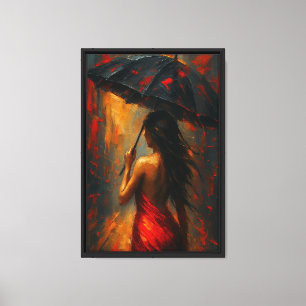 Vrouw in rode jurk onder paraplu Abstract Canvas Afdruk