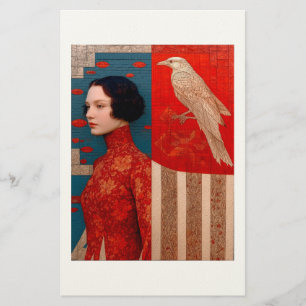 Vrouw in roodbloemige jurk & Golden Bird Briefkaar Briefpapier