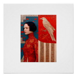 Vrouw in roodbloemige jurk & Golden Bird Briefkaar Perfect Poster