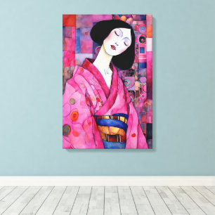 Vrouw in roze kimono canvas afdruk