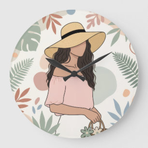 Vrouw in strohoed met bloemen grote klok