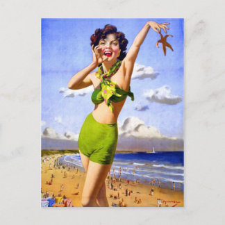 Vrouw in Swimsuit strand Briefkaart