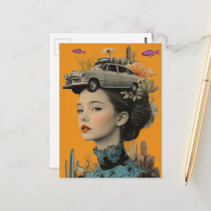 Vrouw in woestijn met vis en auto Surrealistische Briefkaart