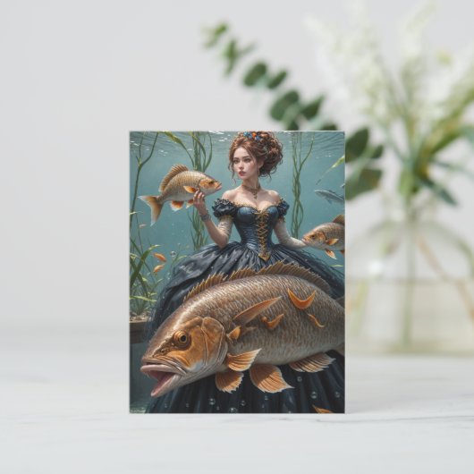 Vrouw in zeewier met vis Grappige Modes Briefkaart (Staand voorkant)