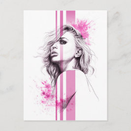 Vrouw inktportret Roze illustratiekunst Mode Briefkaart