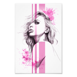 Vrouw inktportret Roze illustratiekunst Mode Foto Afdruk