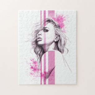 Vrouw inktportret Roze illustratiekunst Mode Legpuzzel