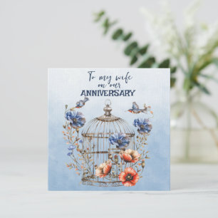 Vrouw Jubileum Blauwe en Oranje Poppies Birdcage Notitiekaartje