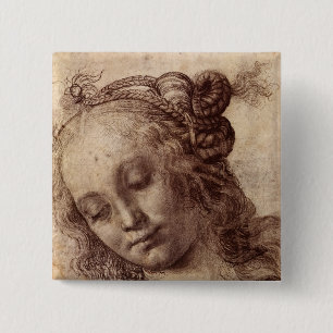 Vrouw kijkt naar beneden vierkante button 5,1 cm