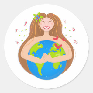 Vrouw knuffelt planeet Aarde Ronde Sticker