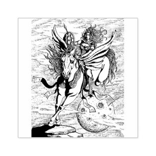 VROUW KRIJGER, VLIEGEND PAARD PEGASUS FANTASY HERO RUBBERSTEMPEL