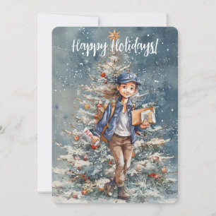 Vrouw Letter Carrier Kerstboom Kaart