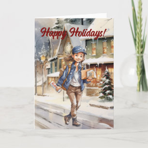 Vrouw Letter Carrier Kerstdorp Feestdagen Kaart