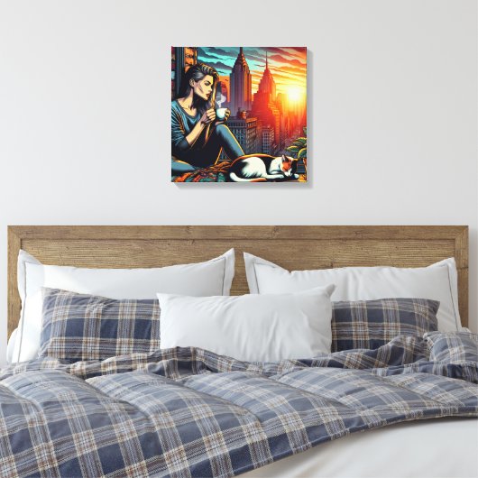 Vrouw Lezen In Stadsvenster Met Kat En Koffie Canvas Afdruk (Insitu (Slaapkamer))