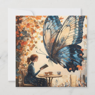 Vrouw Lezen met Giant Butterfly Abstracte Kunst Feestdagenkaart