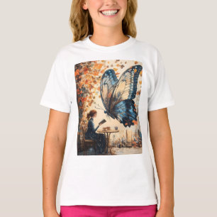 Vrouw Lezen met Giant Butterfly Abstracte Kunst T-shirt