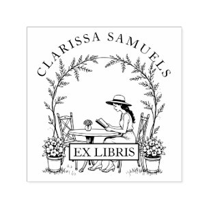Vrouw lezen Tuintafelbloemen Pet Ex Libris Zelfinktende Stempel