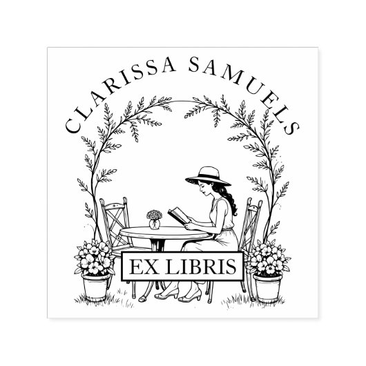 Vrouw lezen Tuintafelbloemen Pet Ex Libris Zelfinktende Stempel (Design)